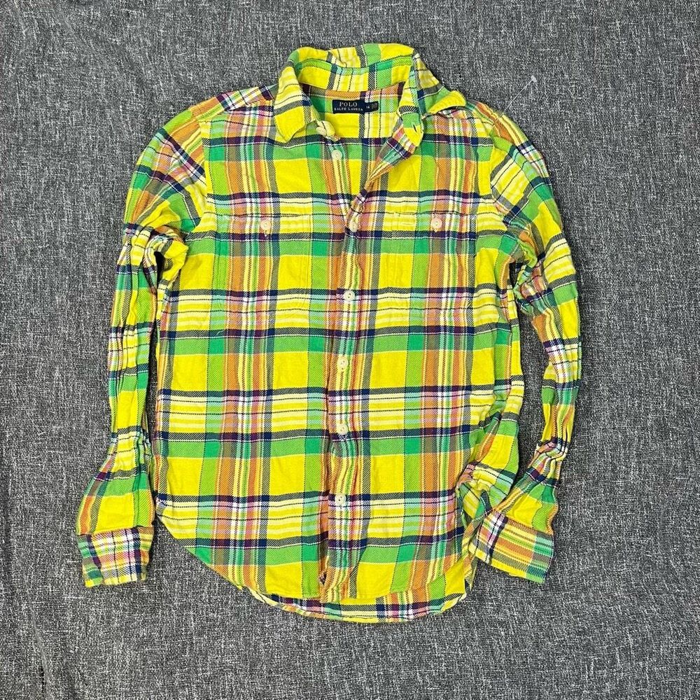 Polo Ralph Lauren Boys Plaid Button Down Shirt Yellow Green Size 14